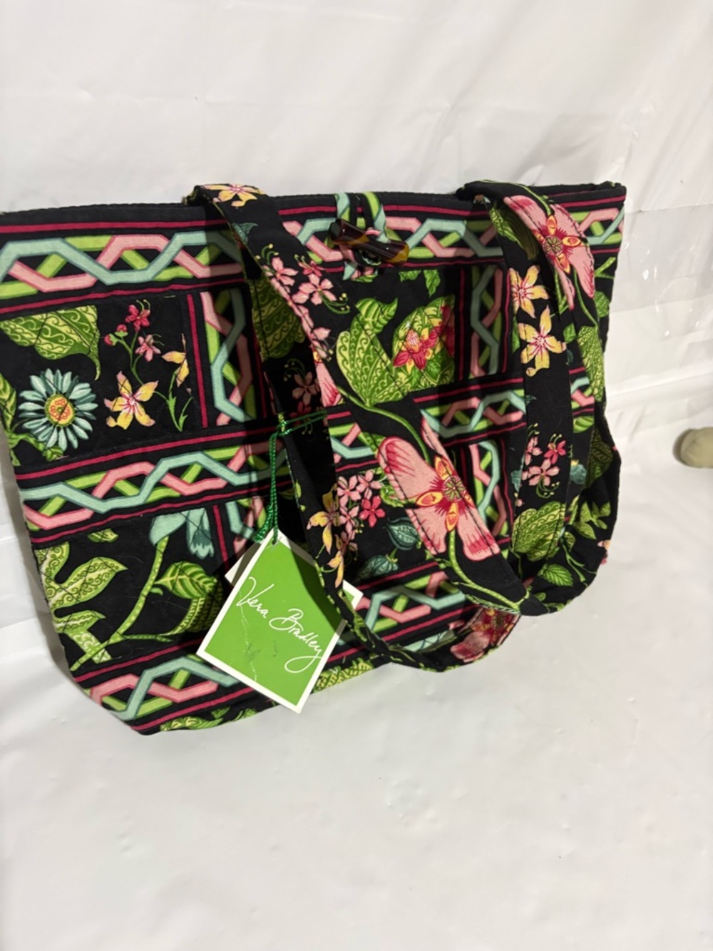 Vera Bradley Black Floral Quilted Tote with Pink & Green Accents